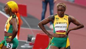 Olympiasiegerin Elaine Thomson-Herah (r.) und die geschlagene Shelly-Ann Fraser-Pryce.