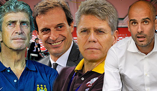 Sie sprechen über den Audi Cup: Pellegrini, Allegri, Autuori und Guardiola (v.l.)