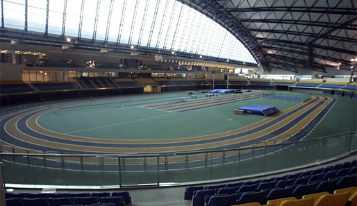 Die Leichtathletik-Multifunktionshalle. Analog zum Fußball-Ministadion gehalten in der Hanger-Optik