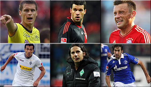 Ihre Verträge laufen aus: Kehl, Ballack, Olic, Arango, Pizarro und Raul (v.o.l.n.u.r.)