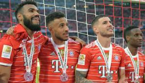 Eric Maxim Choupo-Moting (von li.), Corentin Tolisso, Lucas Hernandez und Bouna Sarr waren bester Laune.