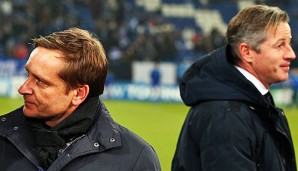 Auch nach dem Basel-Spiel vermied Horst Heldt (l.) ein klares Bekenntnis zu Jens Keller