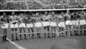 Die Millonarios im März 1952 (v.l.n.r.): Raul Pini, Julio Cozzi, Francisco Zuloaga, Ismael Soria, Antonio Baez, Julio Cesar Ramirez, Reinaldo Mourin, Hugo Reyes, Alfredo Di Stefano, Nestor Raul Rossi und Adolfo Pedernera.