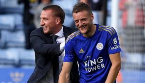 Trainer Brendan Rodgers mit Jamie Vardy, dem Führenden der Premier-League-Torschützenliste.