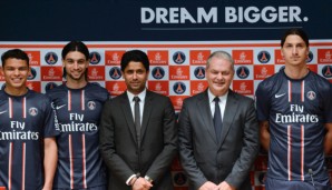 Silva (l.), Pastore und Ibrahimovic (r.) gehören zu den teuersten Transfers von Nasser Al-Khelaifi (M.)