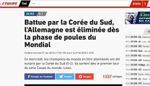 FRANKREICH - L'Equipe: "Der amtierende Weltmeister konnte Südkorea nicht besiegen. Schlimmer noch: Deutschland wurde in der Schlussphase geknackt und sah seine Hoffnung auf das Achtelfinale im Himmel von Kasan verschwinden."