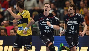 Rasmus Lauge von SG Flensburg-Handewitt jubelt gegen die Rhein-Neckar Löwen