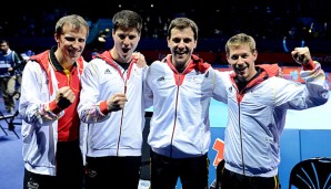 Jörg Roßkopf (l.) setzt bei der Mannschafts-EM auf Dimitrij Ovtcharov (2 v. l.) und Timo Boll (2 v. r.)