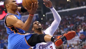 Russell Westbrook (l.) und die Thunder gaben den schon sicher geglaubten Sieg noch aus der Hand