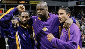 Rick Fox (r.) gewann an der Seite von Kobe Bryant (l.) und Shaquille O'Neal (M.) drei Meisterschaften