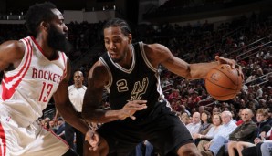 Kawhi Leonard (r.) und James Harden lieferten sich diese Saison schon packende Duelle