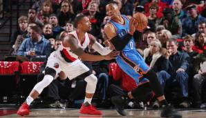 Damian Lillard verteidigt gegen Russell Westbrook